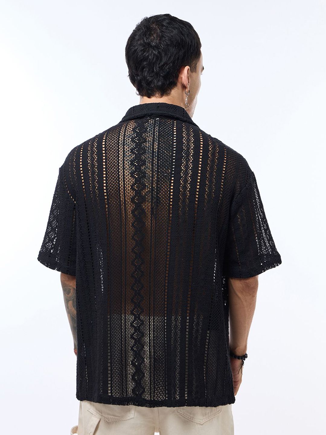 Bewakoof Men Cuban Collar Solid Self Design Cotton Oversized Casual Shirt
