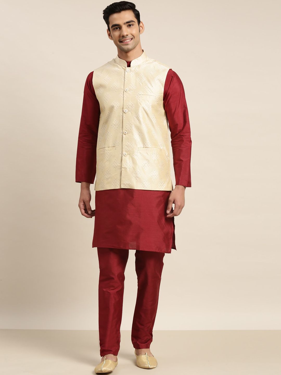SOJANYA Mandarin Collar Straight Kurta with Pyjamas with Woven Design Nehru Jacket