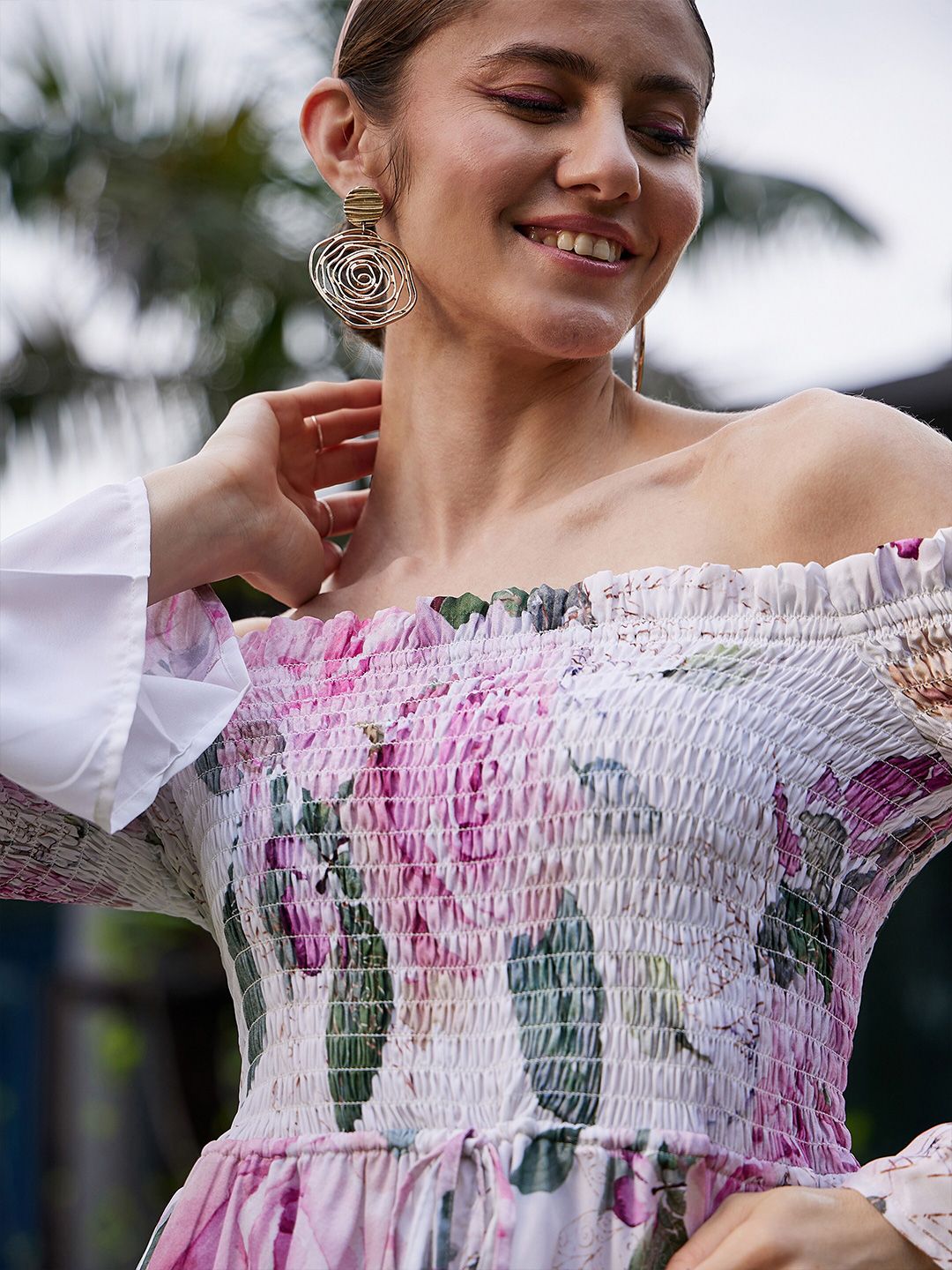 SASSAFRAS Floral Printed Off-Shoulder Smocked Playsuit