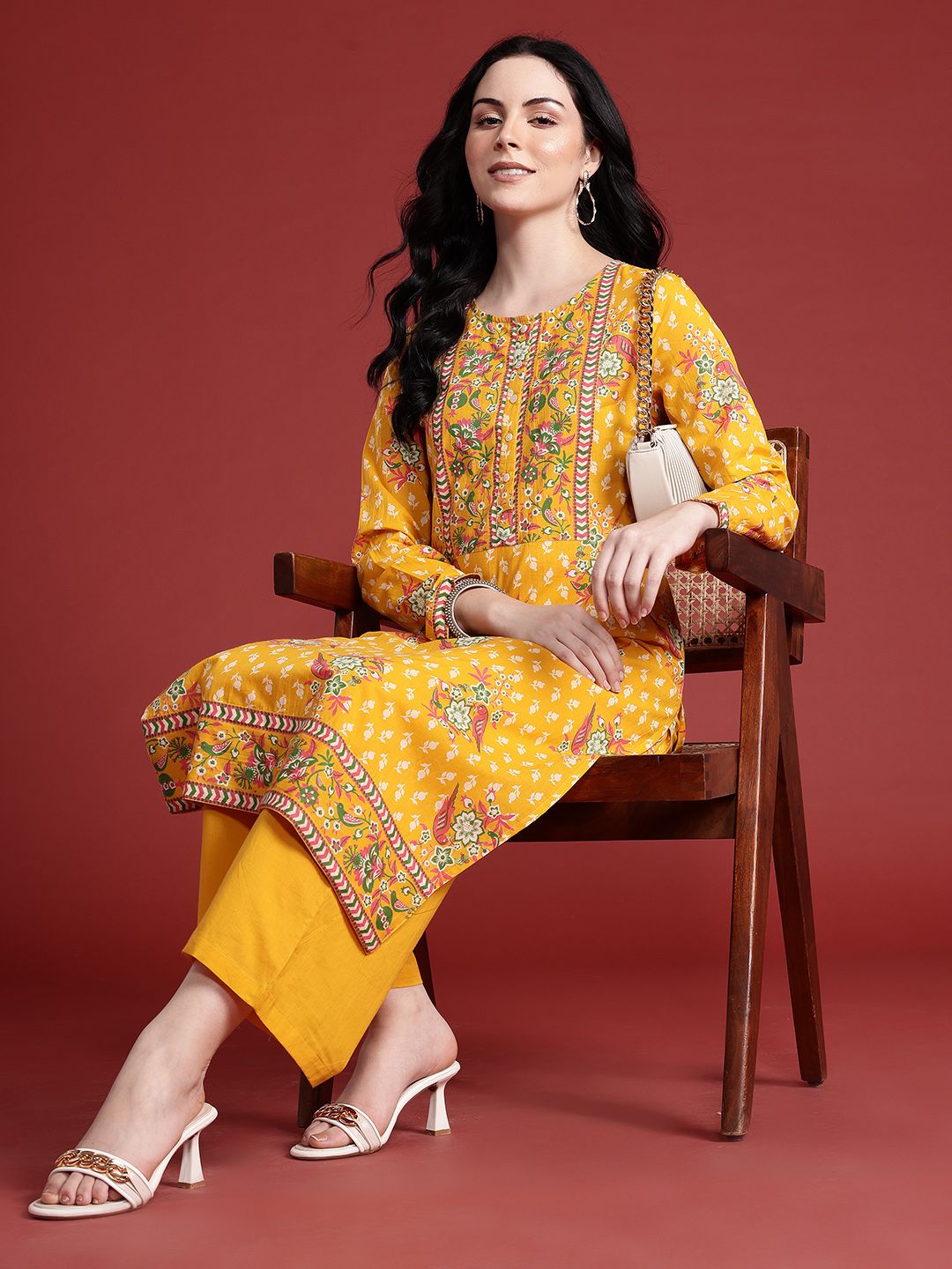 Anouk Women Indie Floral Print Regular Pure Cotton Kurta with Trousers