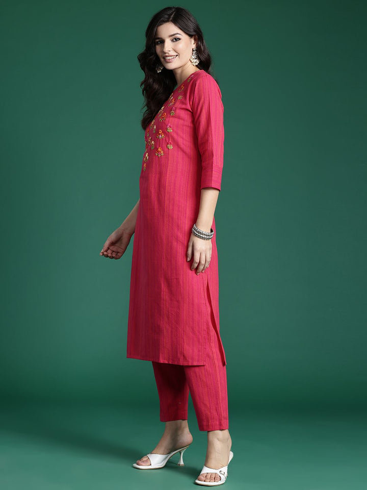 Indo Era Floral Embroidered Thread Work Pure Cotton Kurta with Trousers