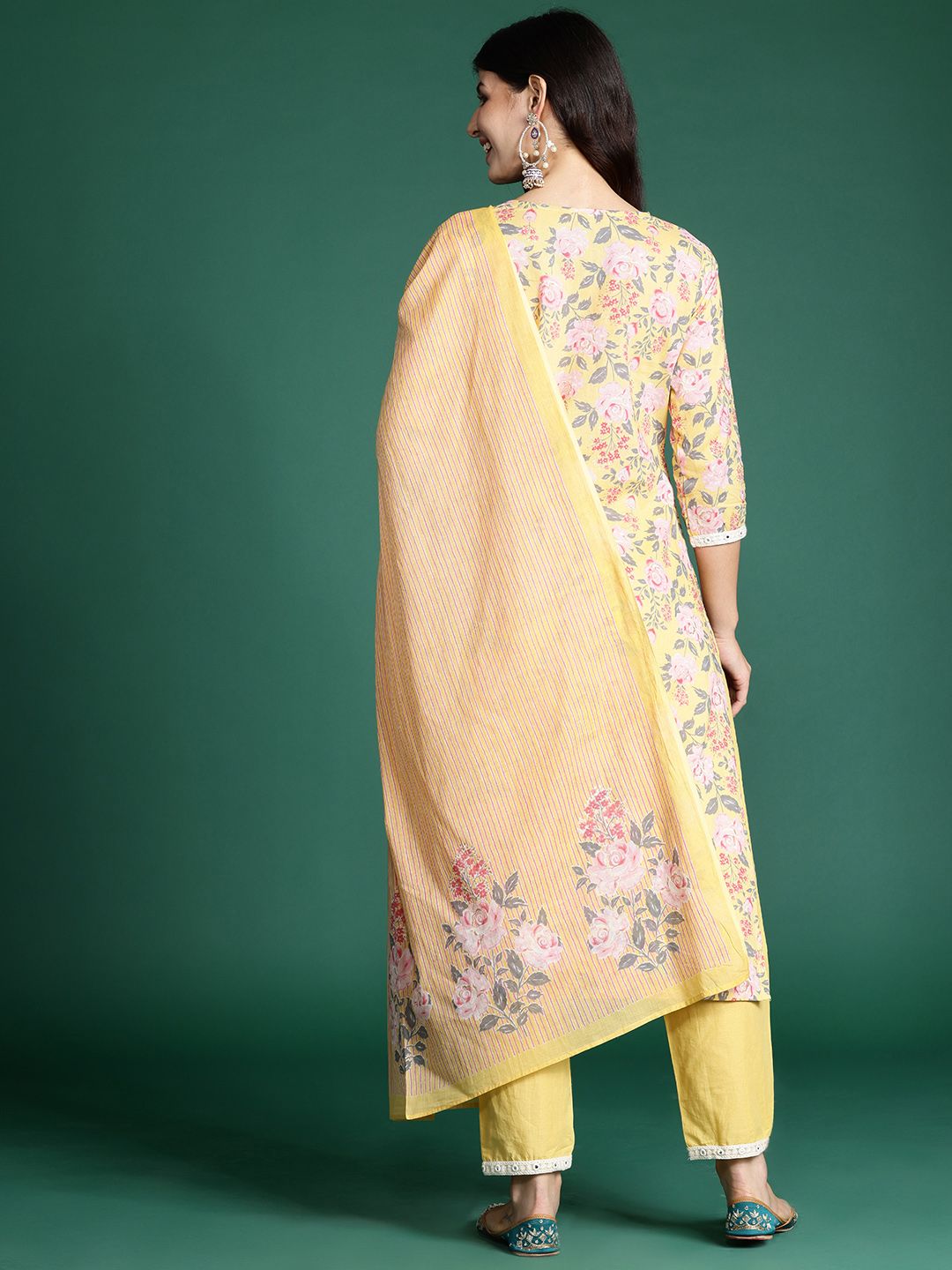 Indo Era Floral Printed Thread Work Pure Cotton Kurta with Trousers & Dupatta