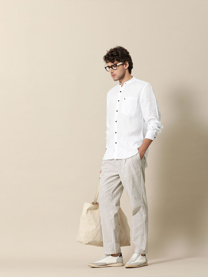Mr Bowerbird Men White Striped Pleated  Liberal Fit Trousers