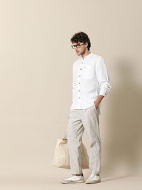 Mr Bowerbird Men White Striped Pleated  Liberal Fit Trousers