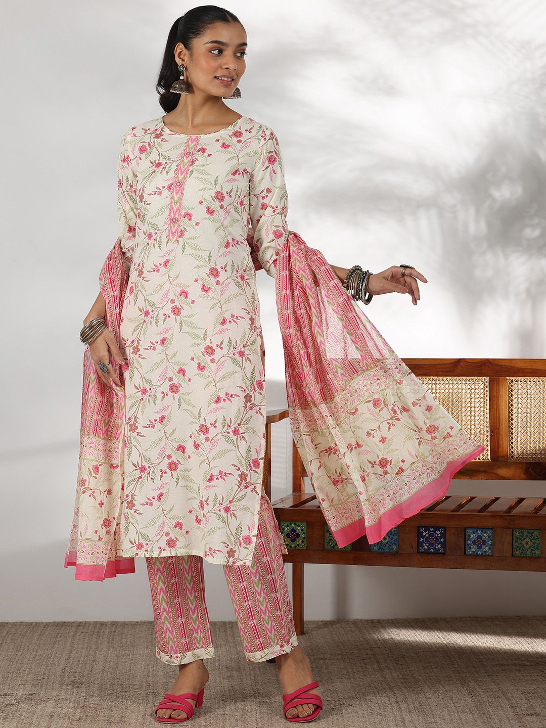 Libas Floral Printed Gotta Patti Pure Cotton Straight Kurta with Trousers & Dupatta