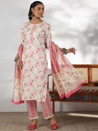 Libas Floral Printed Gotta Patti Pure Cotton Straight Kurta with Trousers & Dupatta
