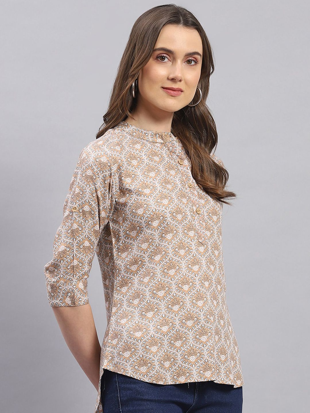 Monte Carlo Ethnic Motifs Printed Mandarin Collar Top