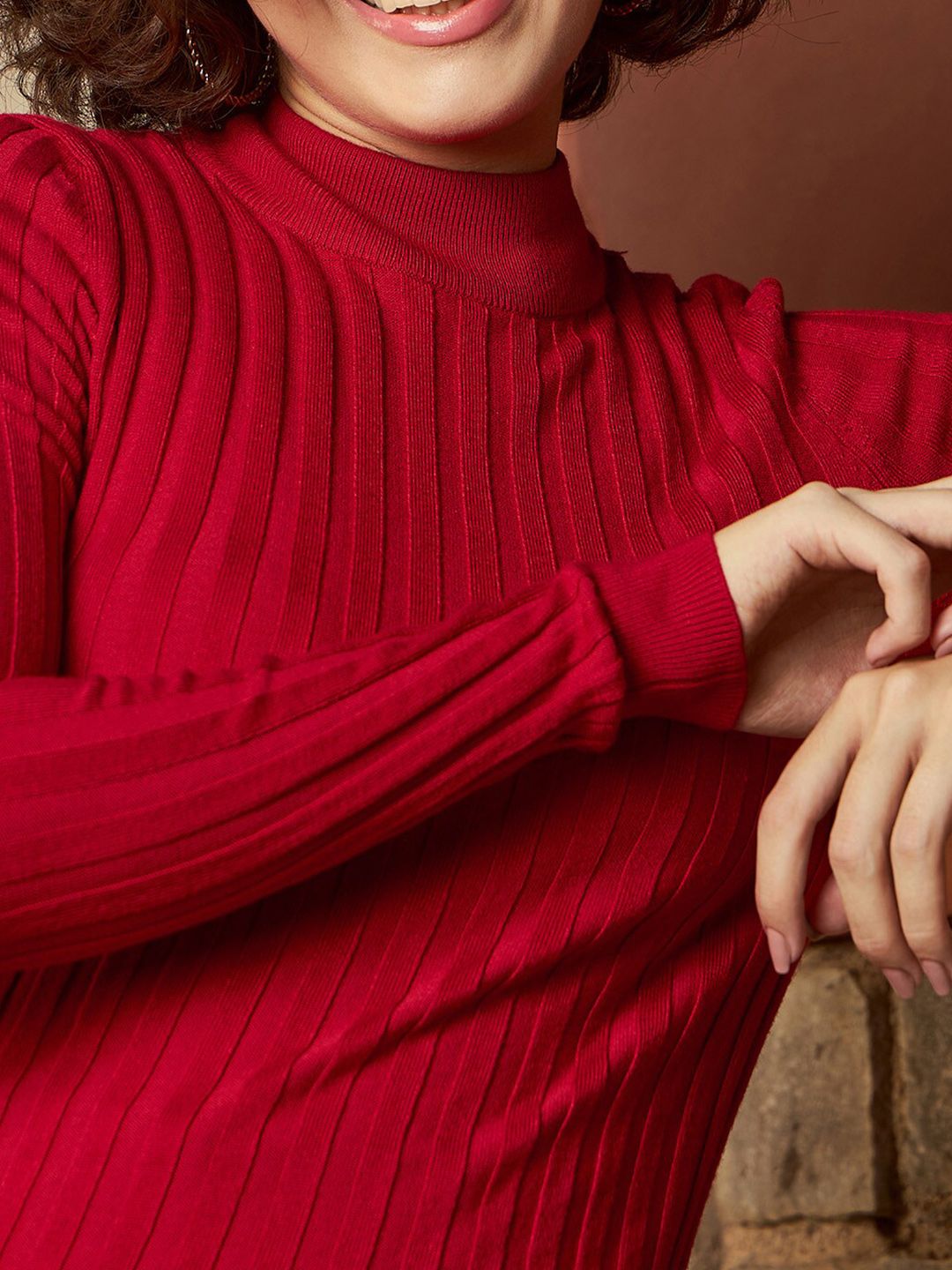 SASSAFRAS Red Ribbed High Neck Nylon Pullover Sweater