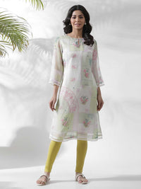 W Floral Printed Keyhole Neck Beads and Stones Kurta