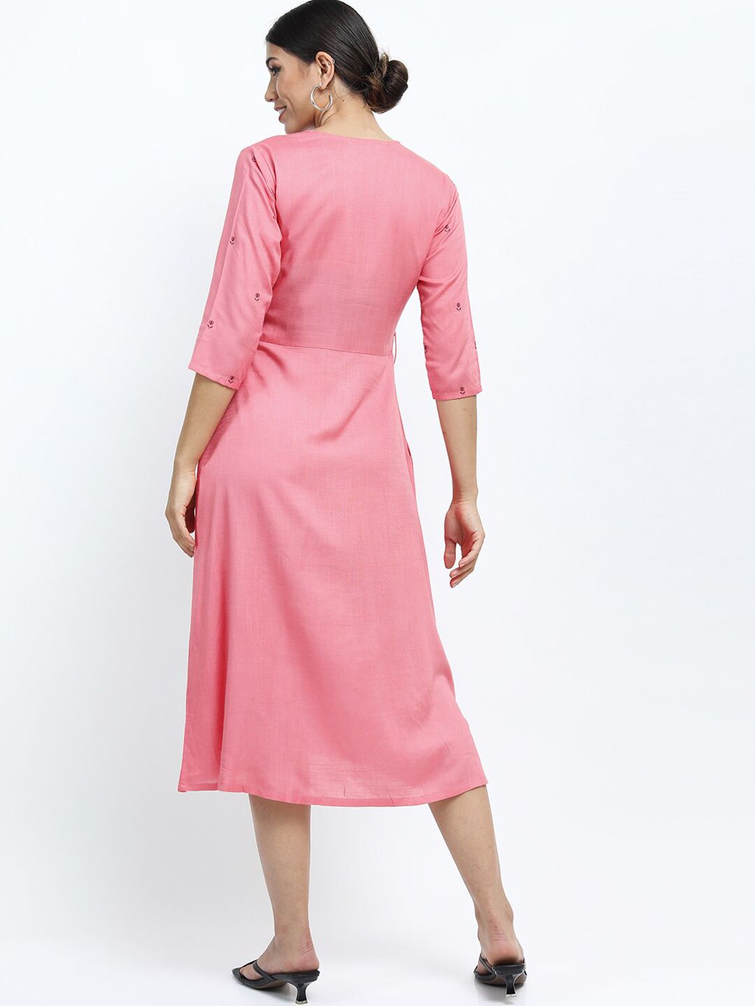 Vishudh Pink Floral Ethnic A-Line Midi Dress