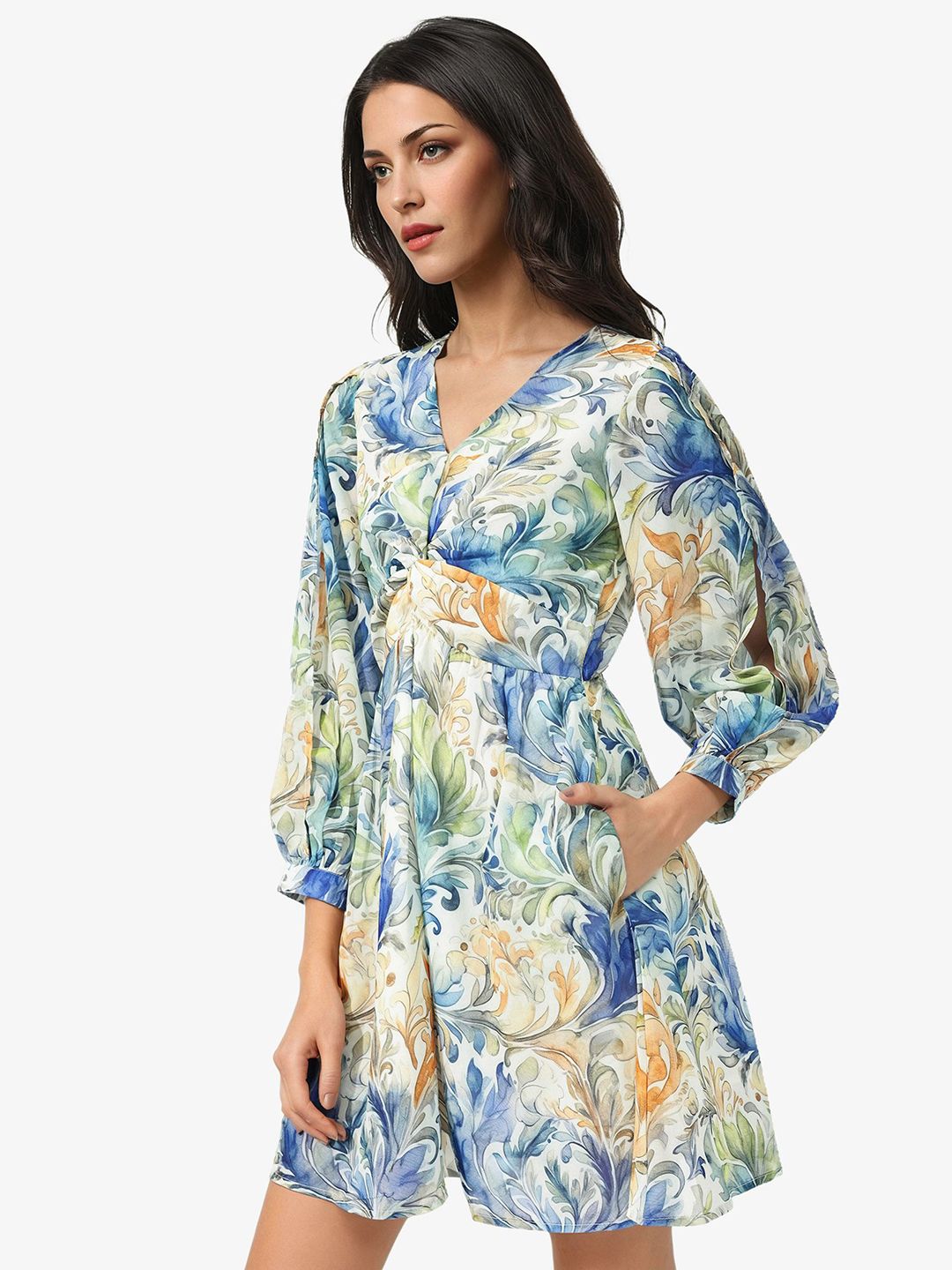 RAREISM Floral Printed Twisted Knot Fit & Flare Dress
