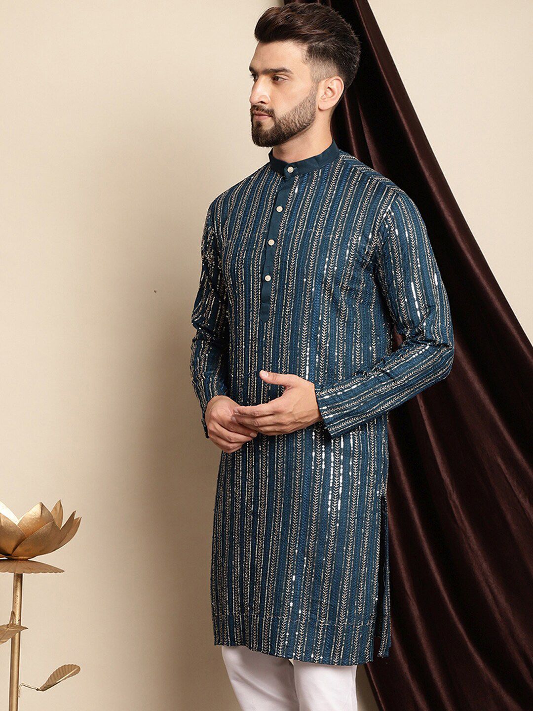 Anouk Teal Blue Ethnic Motif Woven Design Sequined Cotton Straight Kurta