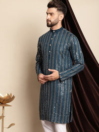 Anouk Teal Blue Ethnic Motif Woven Design Sequined Cotton Straight Kurta