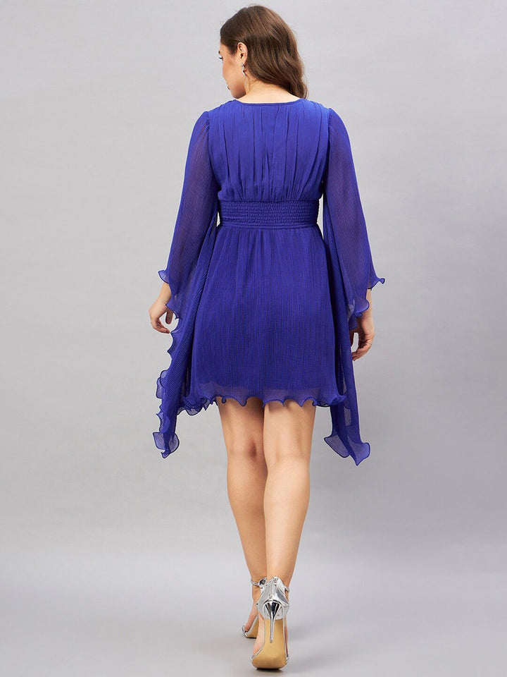 Antheaa Blue Long Flared Sleeve Smocked Accordion Pleated Fit & Flare Dress