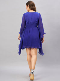 Antheaa Blue Long Flared Sleeve Smocked Accordion Pleated Fit & Flare Dress