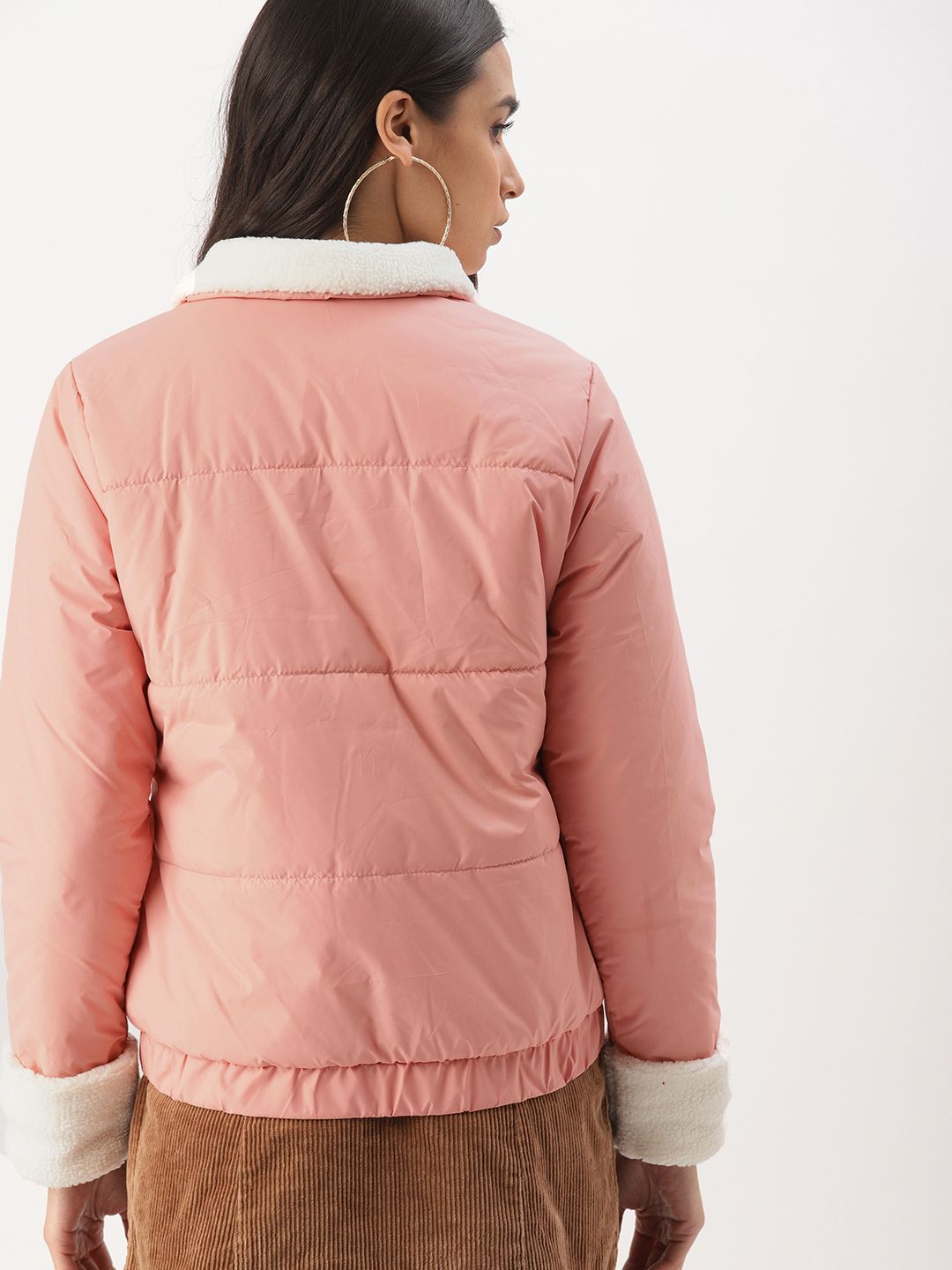 DressBerry Women Pink Solid Faux Fur Puffer Jacket