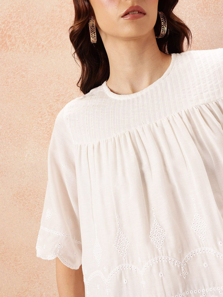 all about you Pin Tucks & Schiffli Embroidered A-Line Top