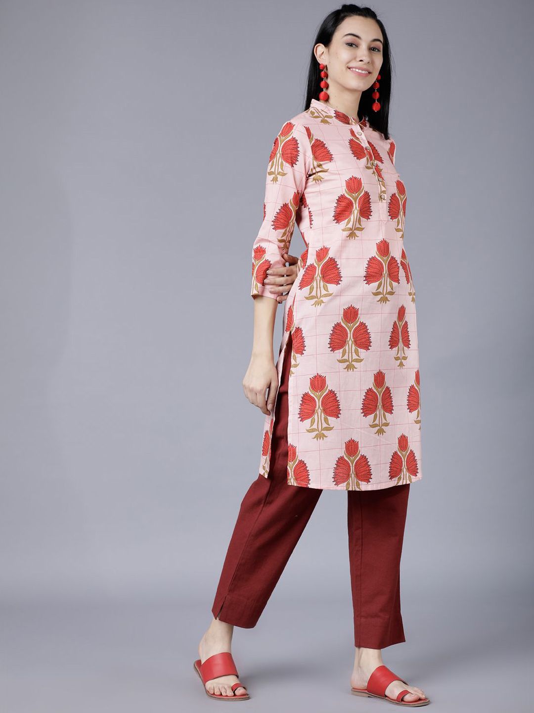 Vishudh Coral Floral Printed Mandarin Collar Straight Kurta
