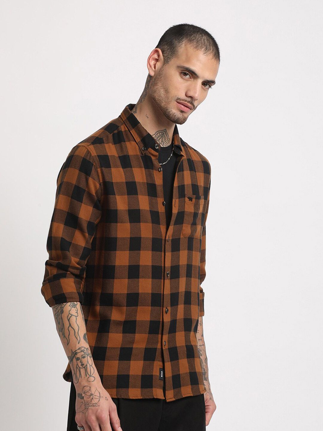 THE BEAR HOUSE Slim Fit Buffalo Checked Flannel Casual Pure Cotton Shirt