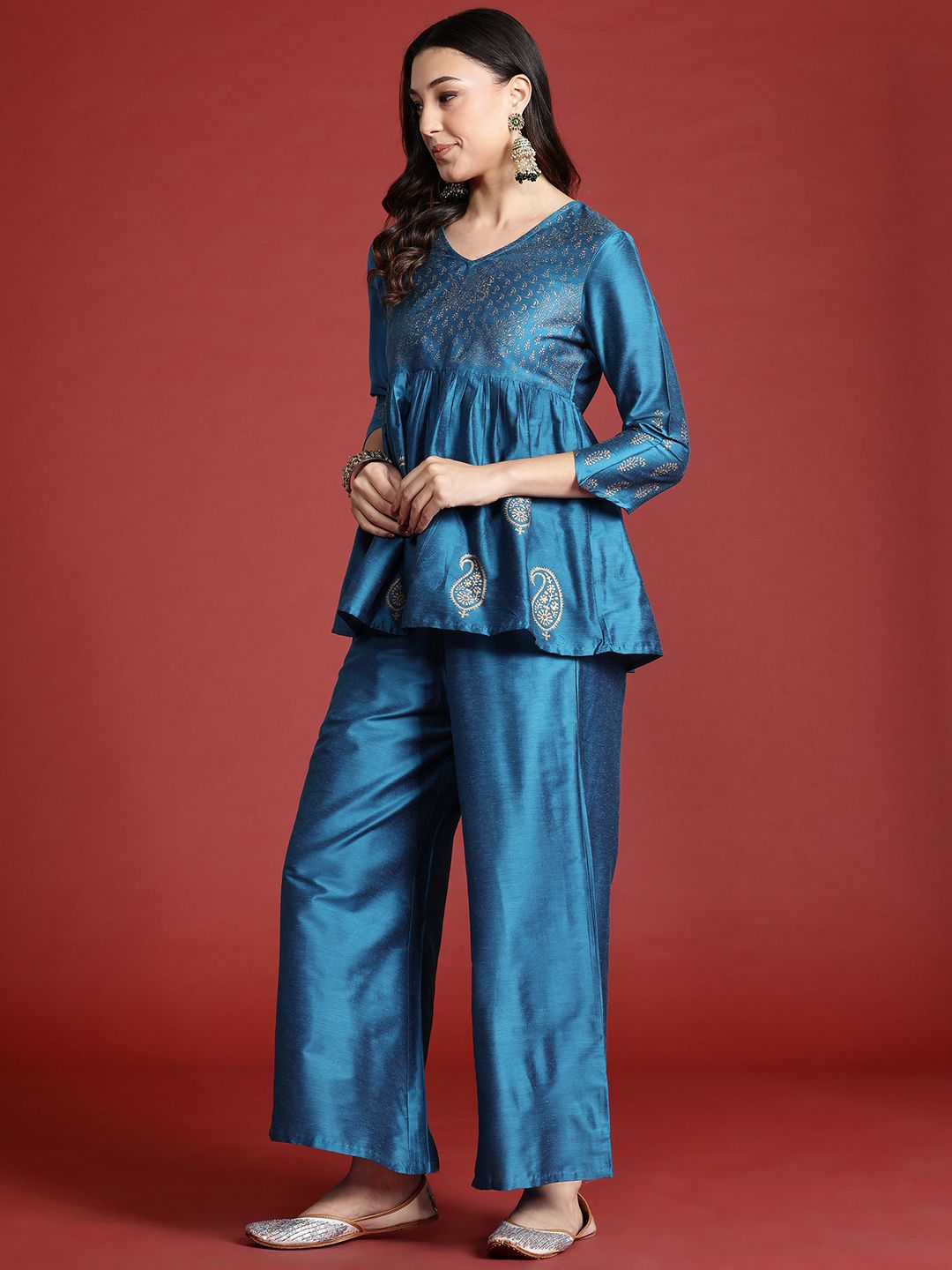 Anouk Tyohar Collection Paisley Print Pleated Kurti with Palazzos & Dupatta