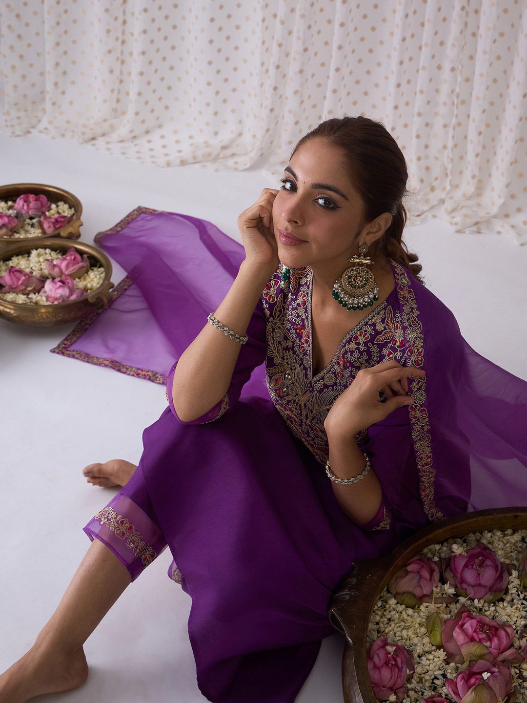 Indo Era Floral Embroidered V-Neck Liva Kurta with Trousers & Dupatta