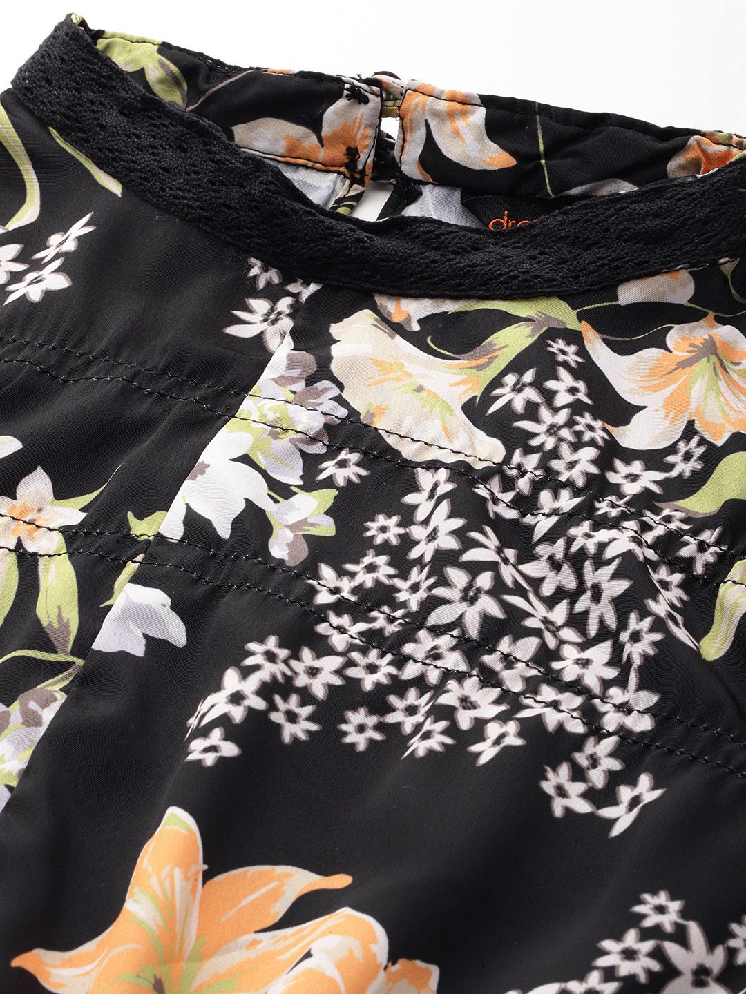 DressBerry Floral Print Puff Sleeves A-Line Top With Lace-Insert Detailing