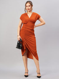 Antheaa Orange V-Neck Extended Sleeves Sheath Midi Dress