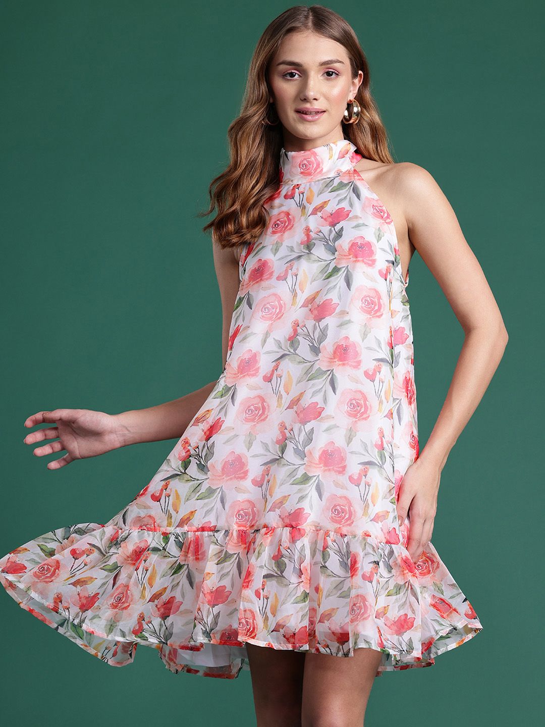 DressBerry Floral Print Halter Neck A-Line Mini Dress