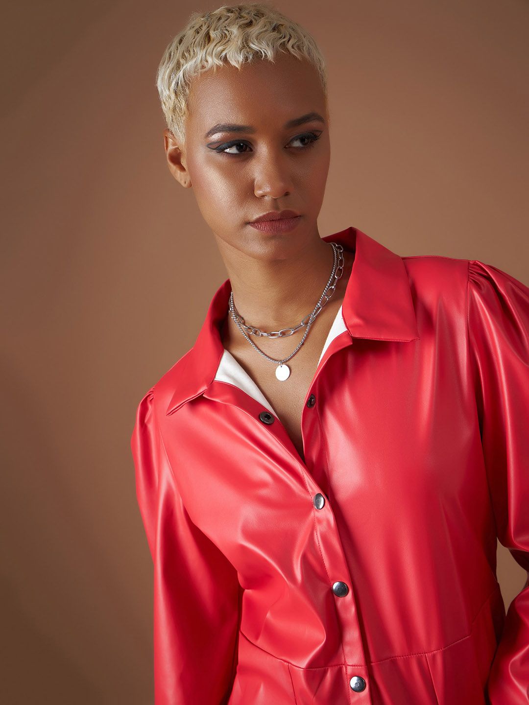 SASSAFRAS Red Shirt Collar Puff Sleeves Shirt Dress