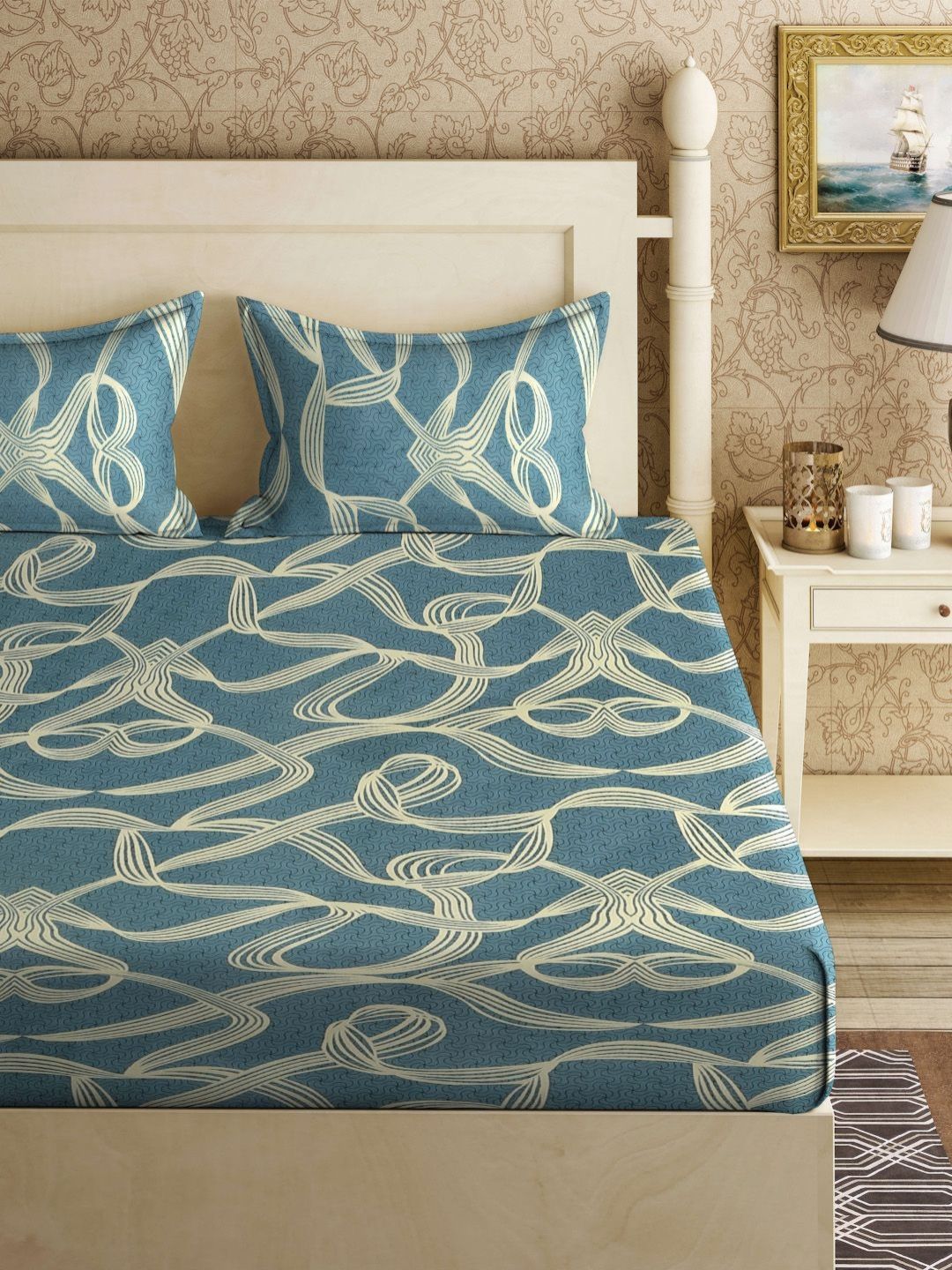 KLOTTHE Turquoise Blue Abstract 300 TC Fitted Double King Bedsheet With 2 Pillow Covers