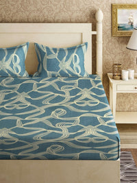 KLOTTHE Turquoise Blue Abstract 300 TC Fitted Double King Bedsheet With 2 Pillow Covers