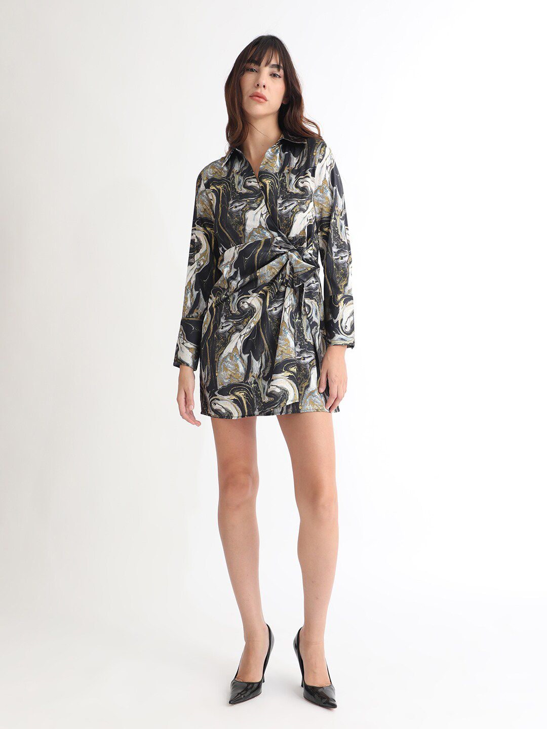 RAREISM Abstract Printed Shirt Collar Cuffed Sleeves Wrap Mini Dress