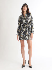 RAREISM Abstract Printed Shirt Collar Cuffed Sleeves Wrap Mini Dress