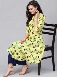 SOJANYA Women Yellow & Navy Blue Floral Printed A-Line Kurta