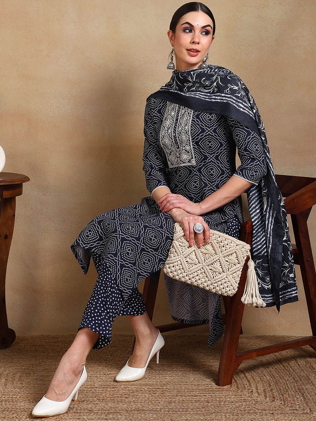 KALINI Women Bandhani Printed Regular Thread Work Kurta with Trousers & With Dupatta