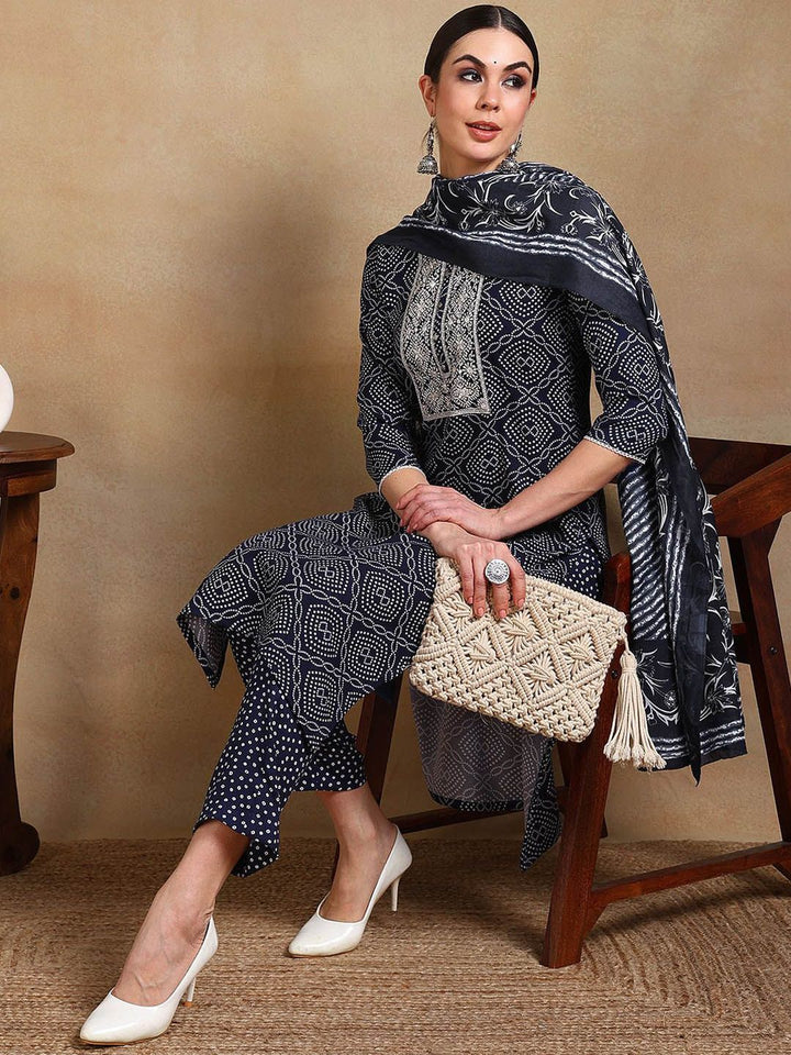 KALINI Women Bandhani Printed Regular Thread Work Kurta with Trousers & With Dupatta