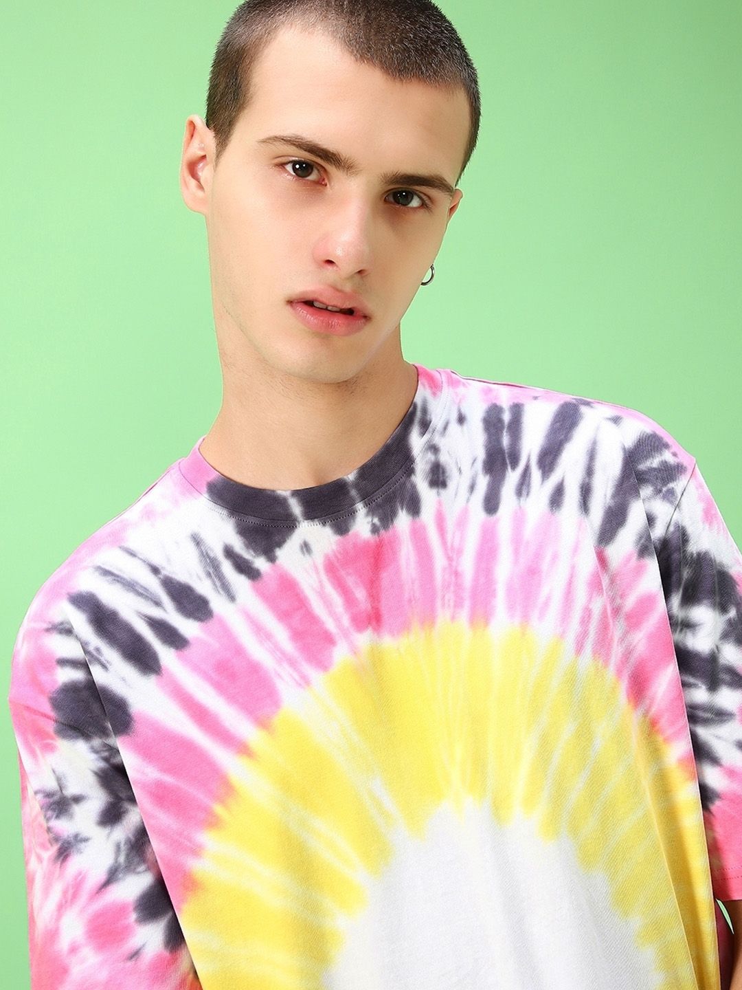 Bewakoof Yellow Tie & Dye Drop-Shoulder Sleeves Pure Cotton Oversized T-shirt
