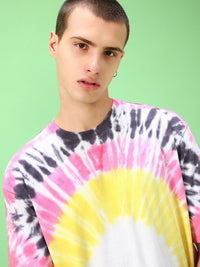 Bewakoof Yellow Tie & Dye Drop-Shoulder Sleeves Pure Cotton Oversized T-shirt