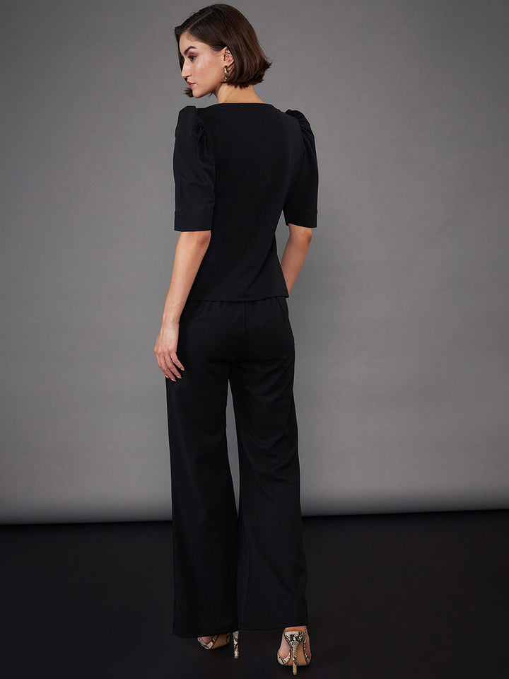 SASSAFRAS worklyf Black Sweetheart Neck Puff Sleeves Top & Trousers