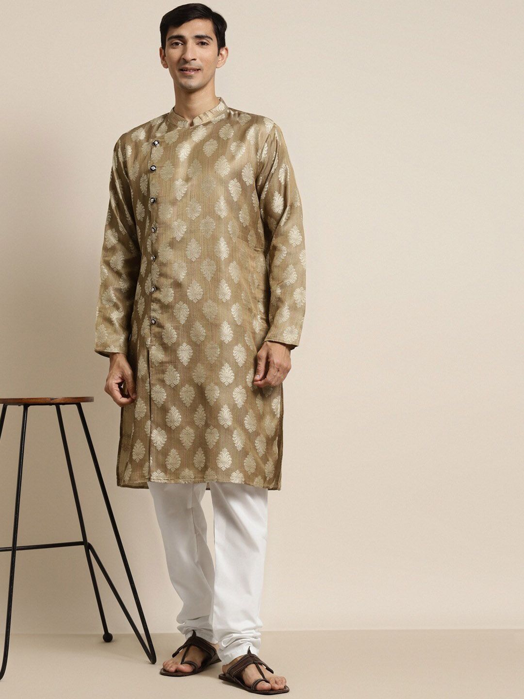 SOJANYA Ethnic Motifs Woven Design Angrakha Jacquard Silk Kurta With Churidar