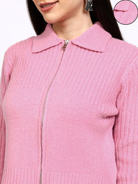 Tokyo Talkies Women Shirt Collar Cable Knit Cardigan with Zip Detail
