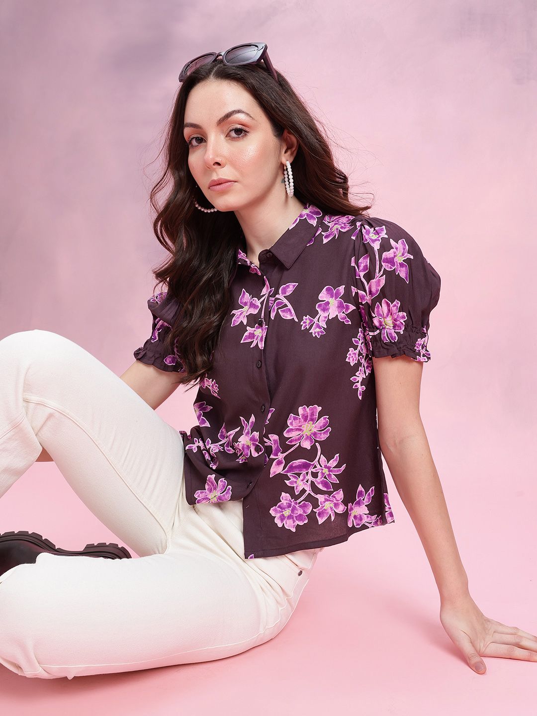 DressBerry Floral Print Puff Sleeves Shirt Style Top