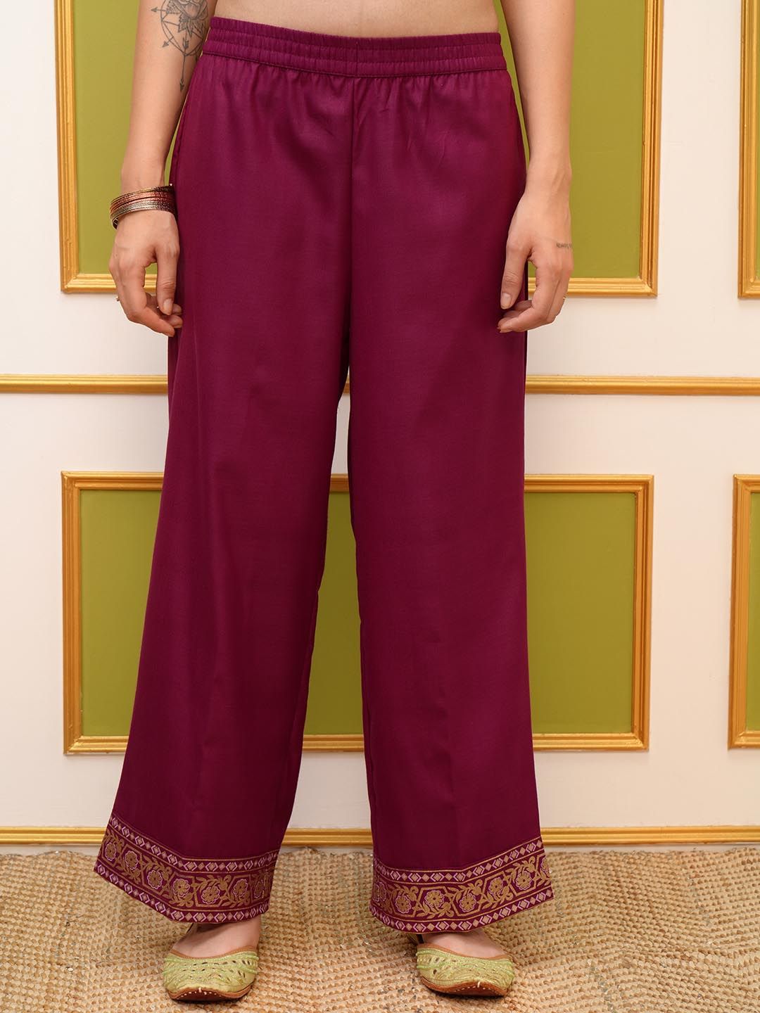 Vishudh Pink Ethnic Motifs Yoke Design Foil Printed Straight Kurta & Palazzos With Dupatta