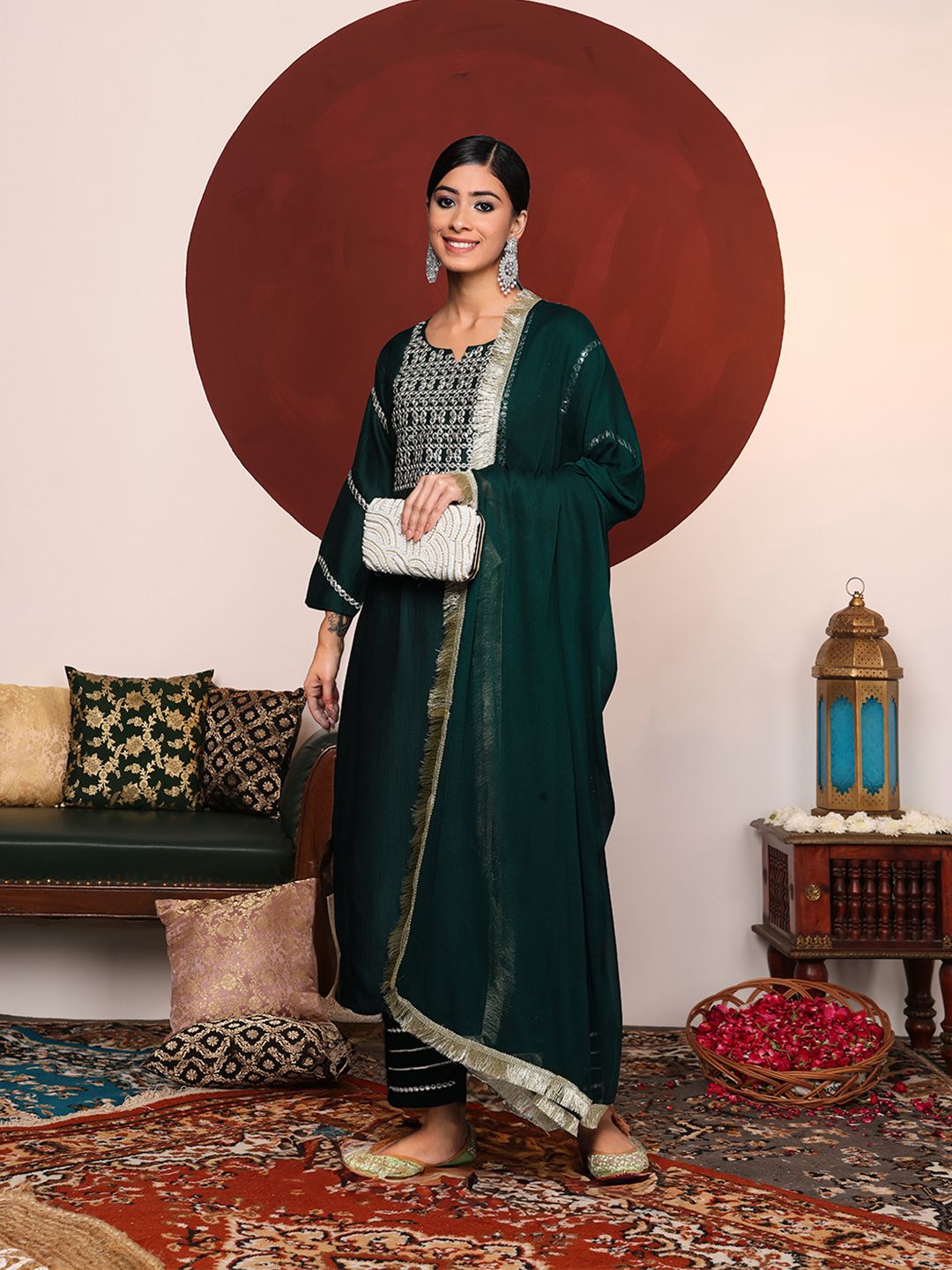 Varanga Women Green Yoke Design Mirror Work Kurta with Trousers &  Dupatta
