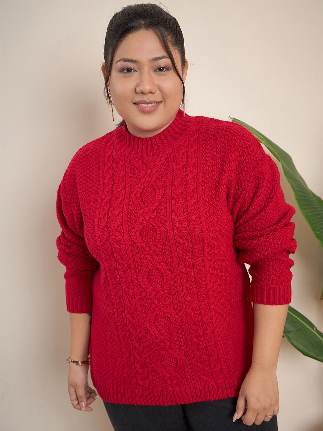 CURVY STREET Plus Size Cable Knit Self Design Acrylic Pullover