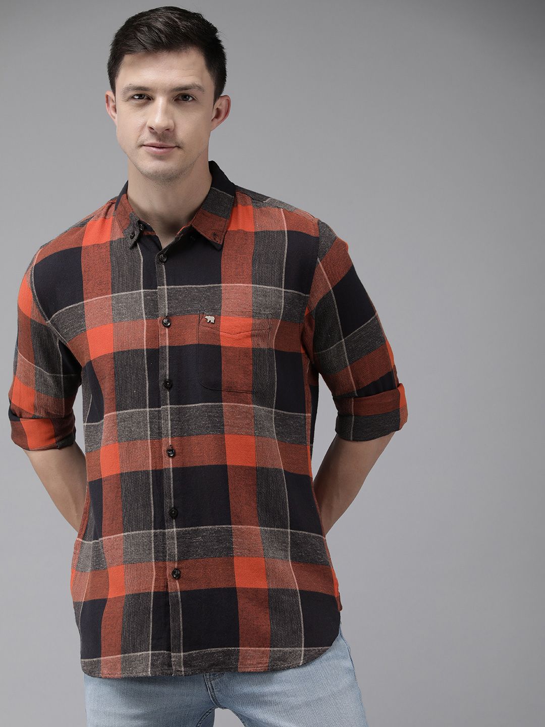 THE BEAR HOUSE Men Orange & Navy Blue Pure Cotton Slim Fit Buffalo Checked Casual Shirt
