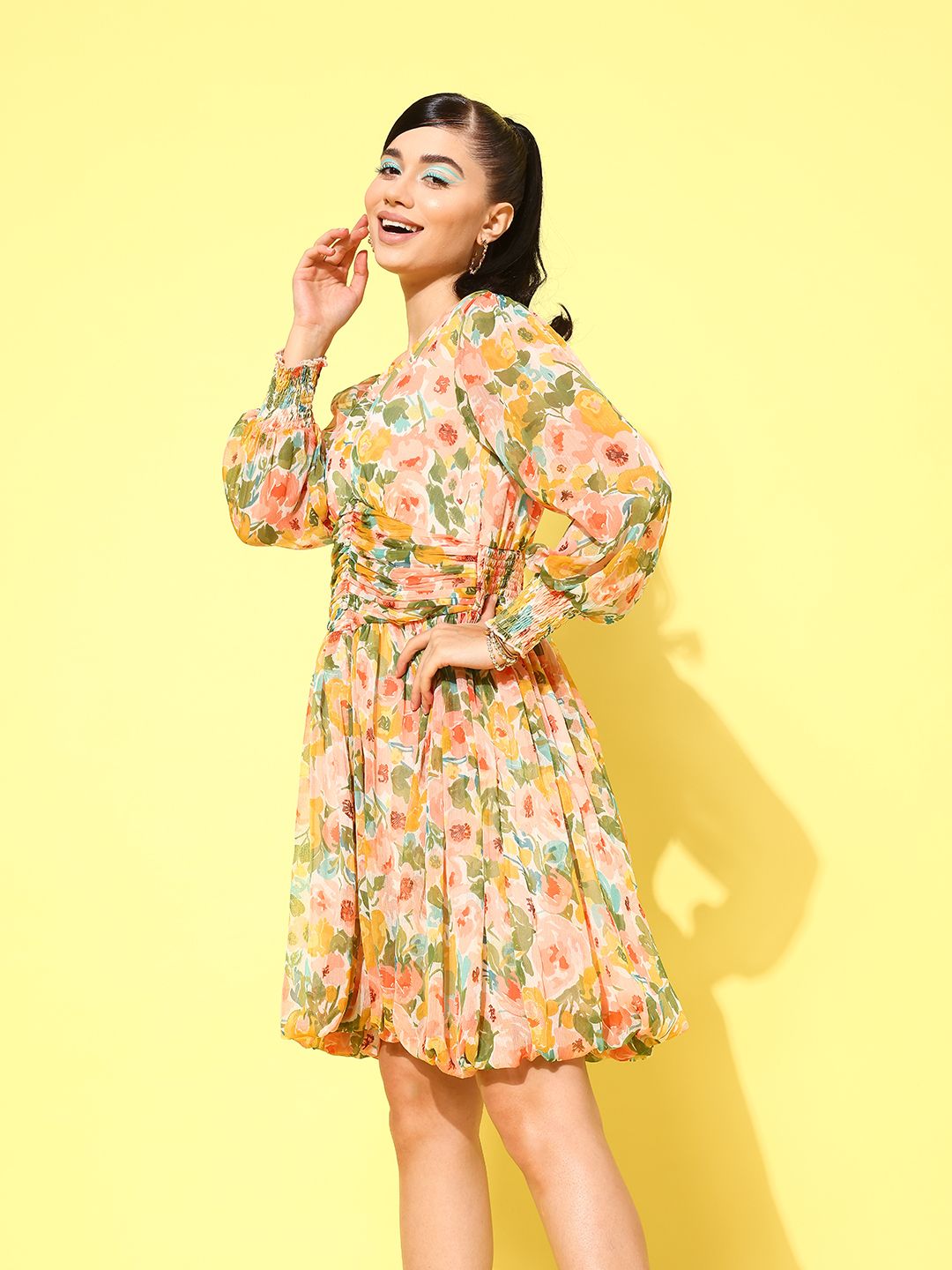Antheaa Floral Print Puff Sleeve Chiffon A-Line Dress