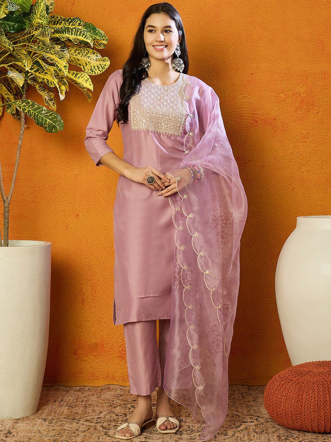 KALINI Yoke Design Regular Sequinned Straight Kurta with Trousers & Dupatta