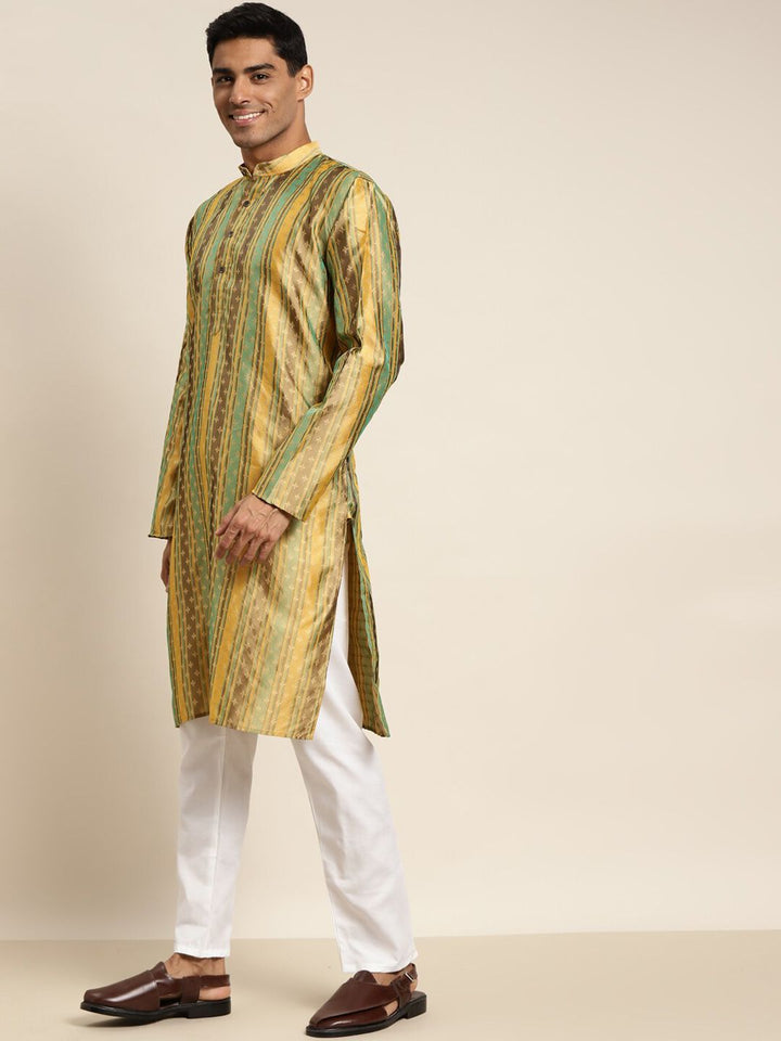 SOJANYA Lelaki Mustard Yellow & Brown Floral Thread Work Kurta