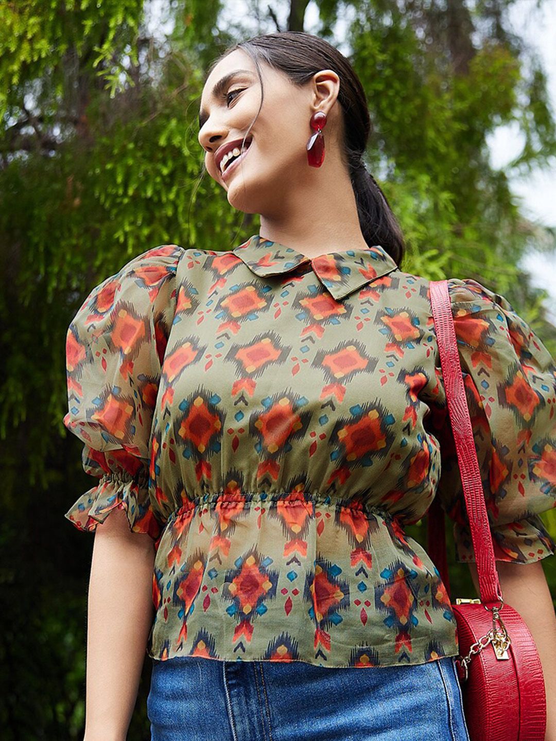 Athena Green & Rust Geometric Print Peplum Top